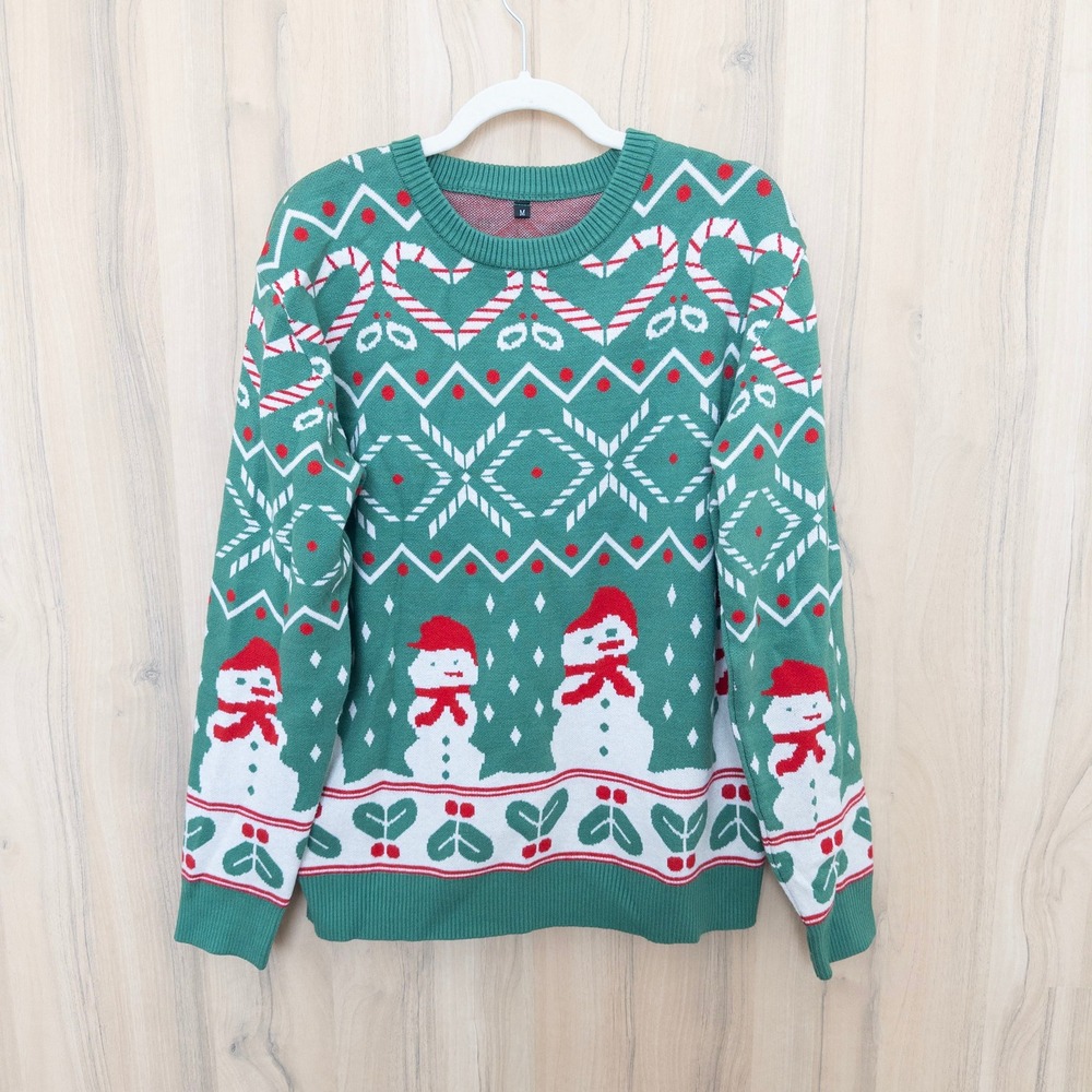 Womens Holiday Sweater Size M Green‎ Red Snowman Candy Cane Christmas Soft Cozy